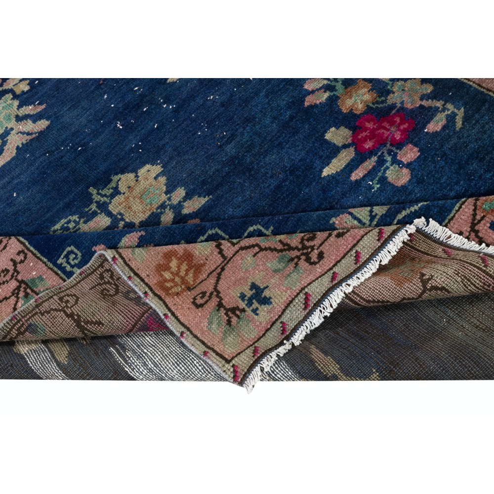 Chinese Art Deco Inspired Vintage Handmade Area Rug in Dark Blue Color