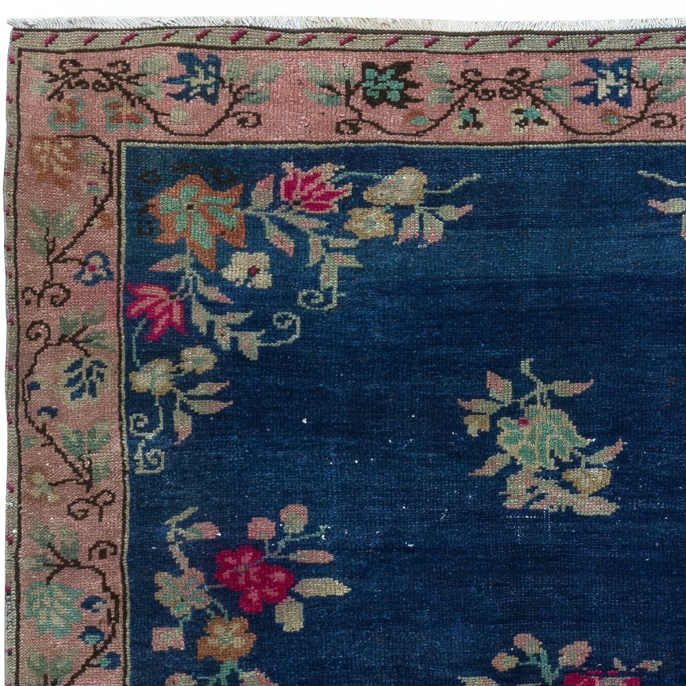Chinese Art Deco Inspired Vintage Handmade Area Rug in Dark Blue Color
