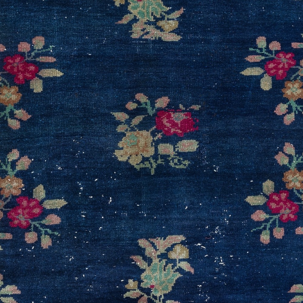 Chinese Art Deco Inspired Vintage Handmade Area Rug in Dark Blue Color