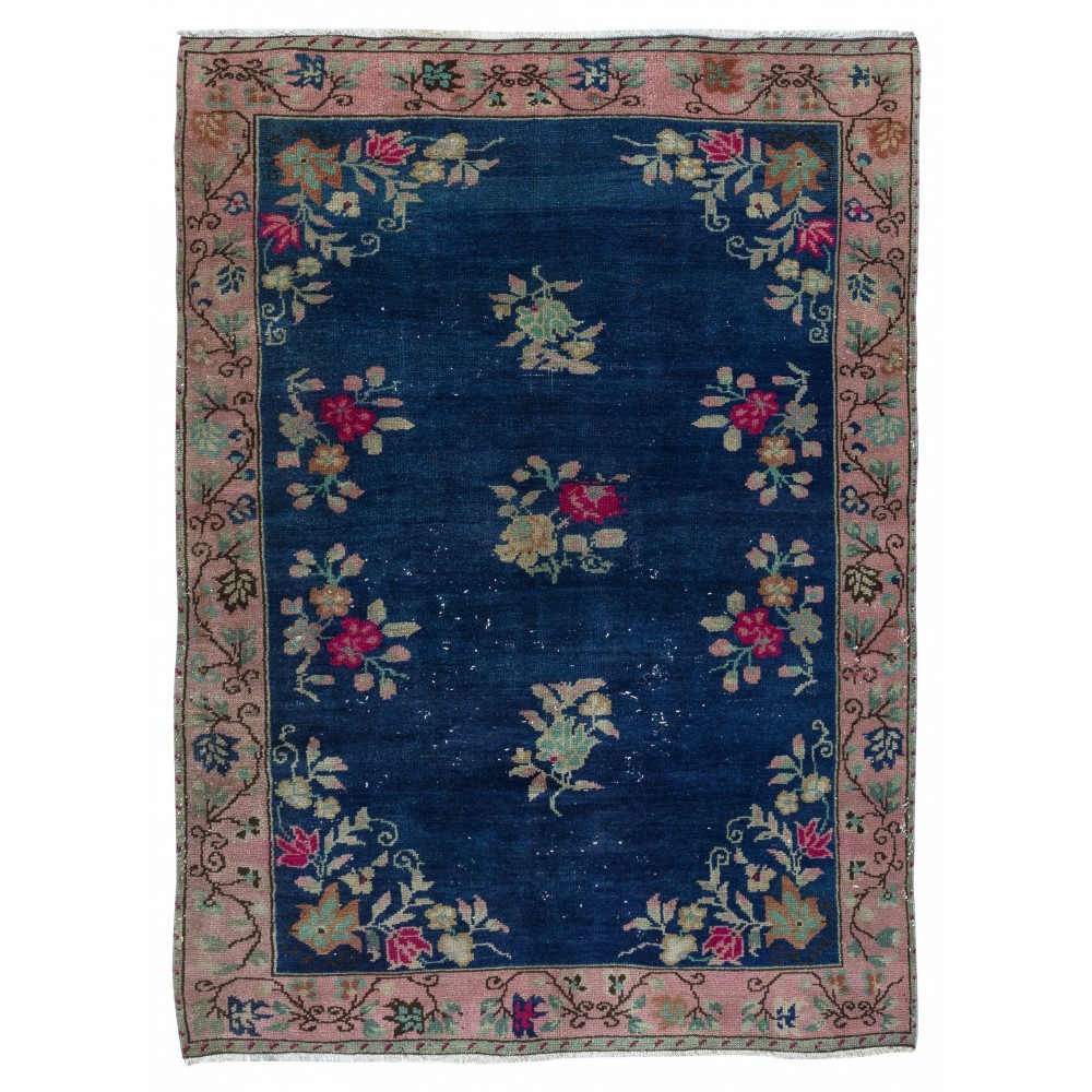 Chinese Art Deco Inspired Vintage Handmade Area Rug in Dark Blue Color