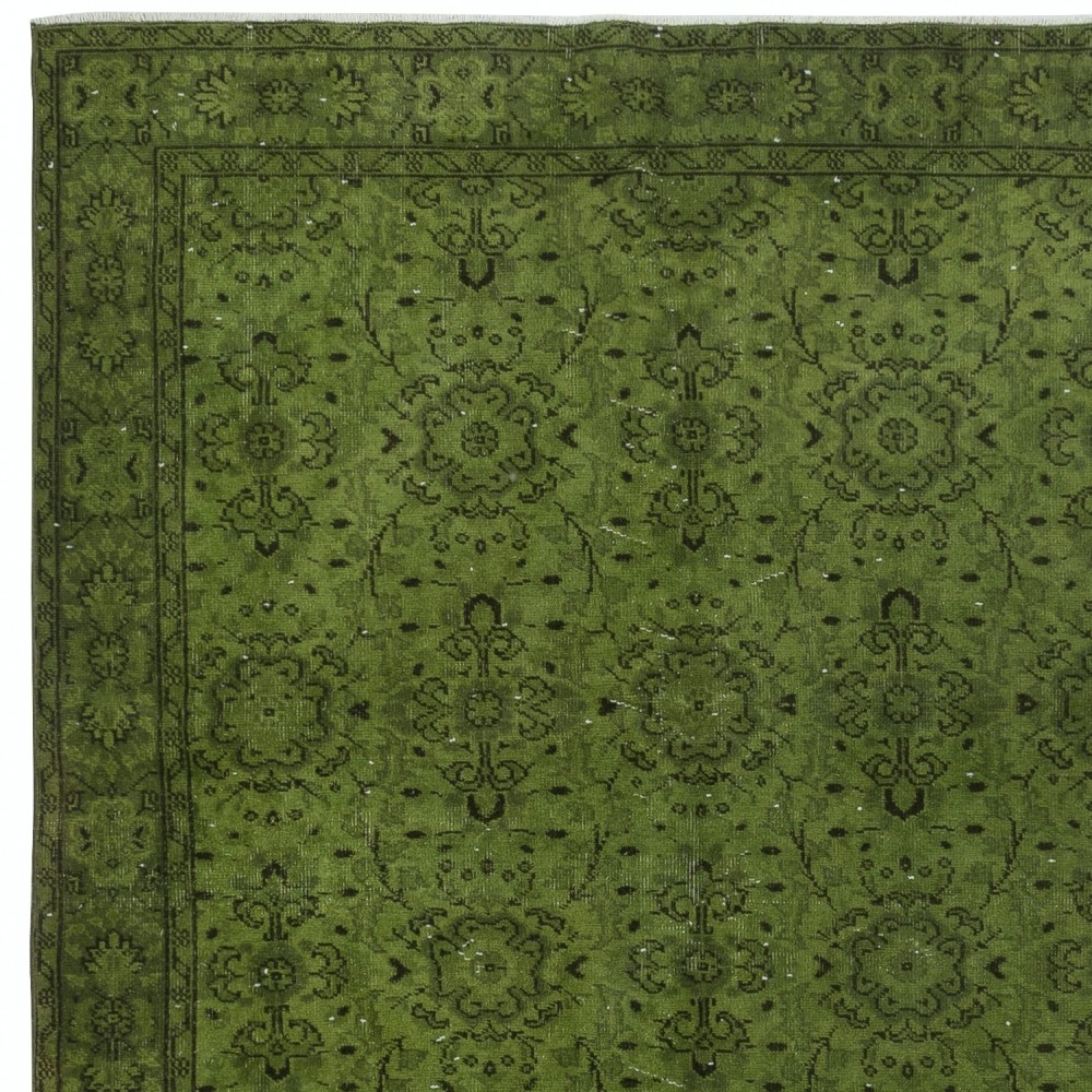 Modern Handmade Turkish Wool Area Rug with Floral Design and Green Background