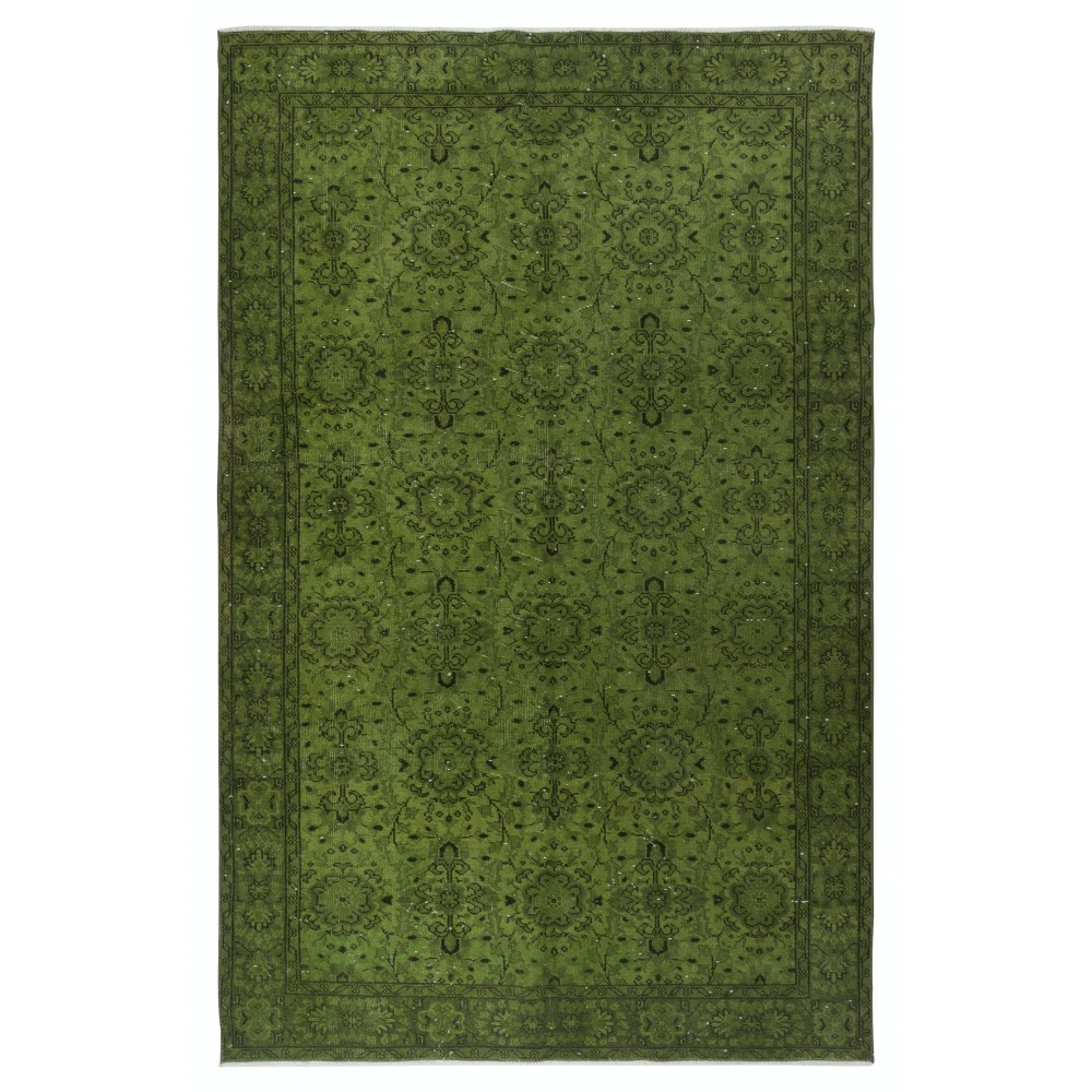 Modern Handmade Turkish Wool Area Rug with Floral Design and Green Background