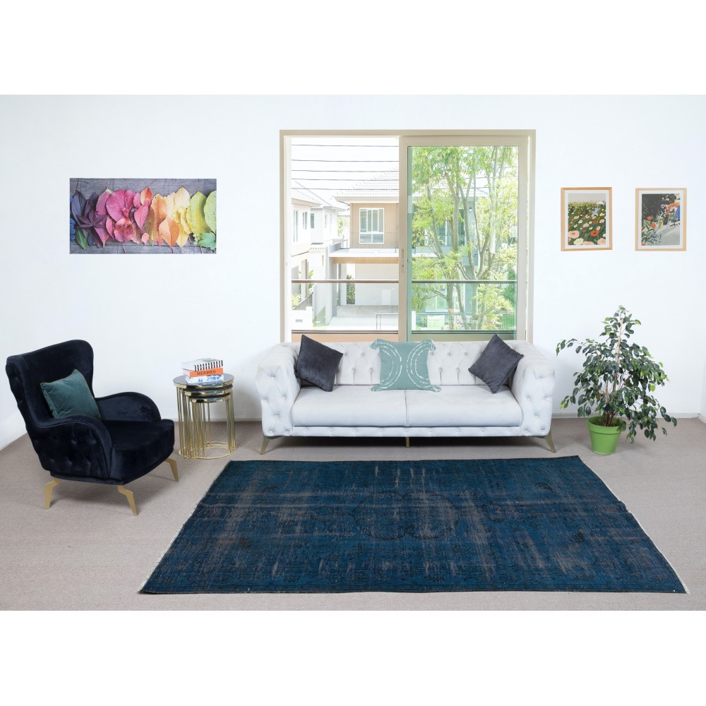 Navy Blue Color Handmade Turkish Area Rug for Contemporary Interiors