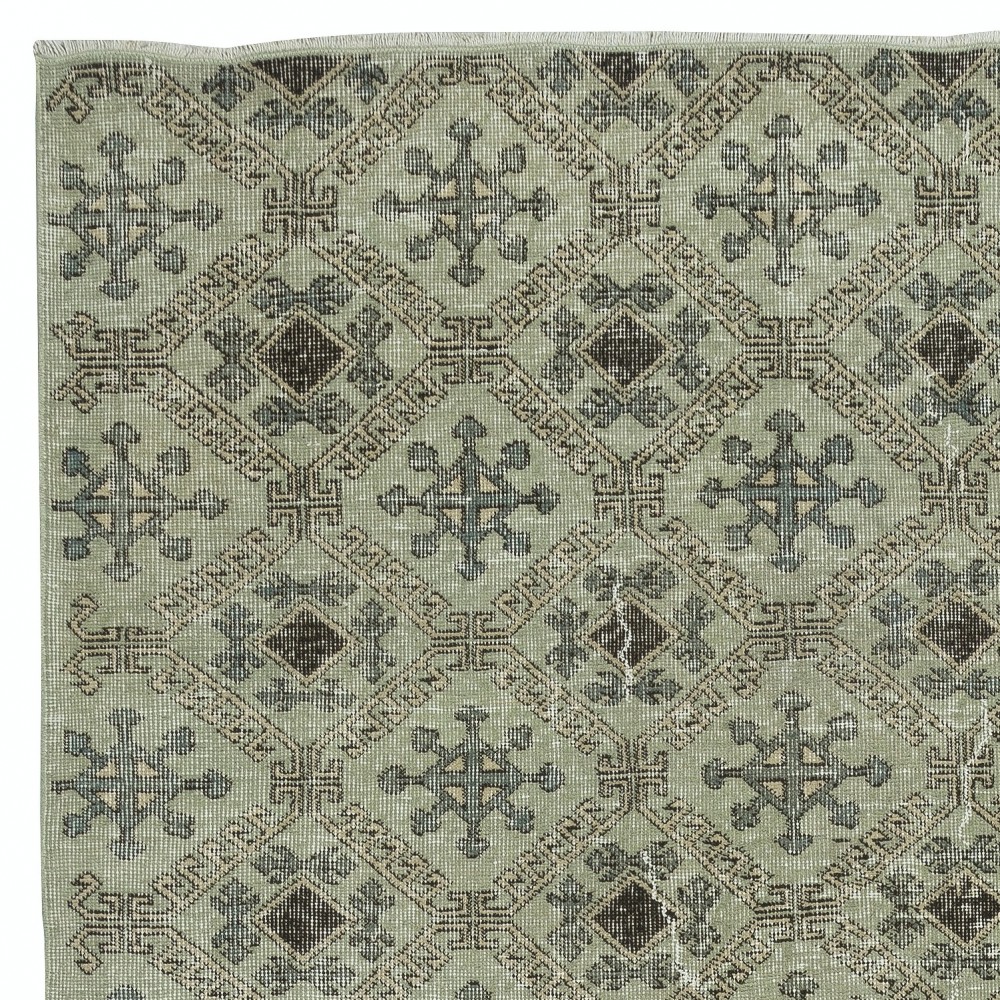 Modern Handmade Turkish Wool Area Rug with Floral Design and Green Background