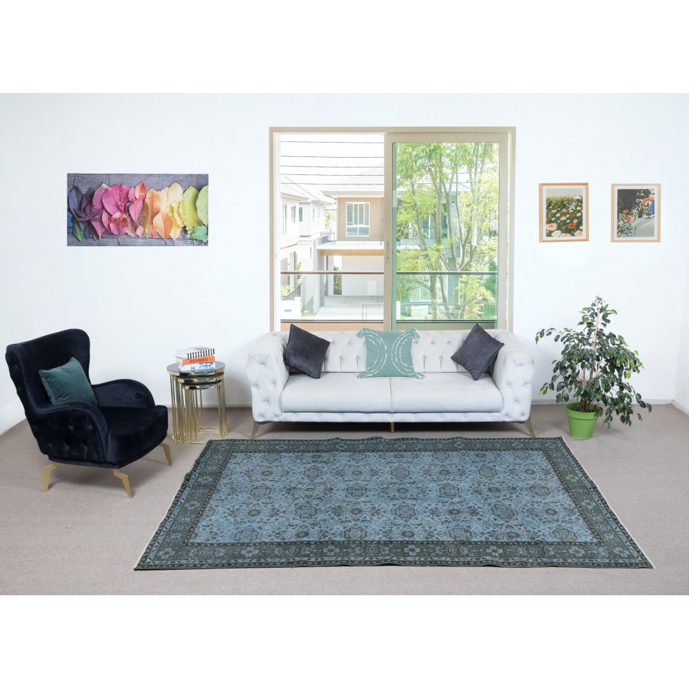 Contemporary Handmade Blue Color Turkish Wool Area Rug with Floral Design