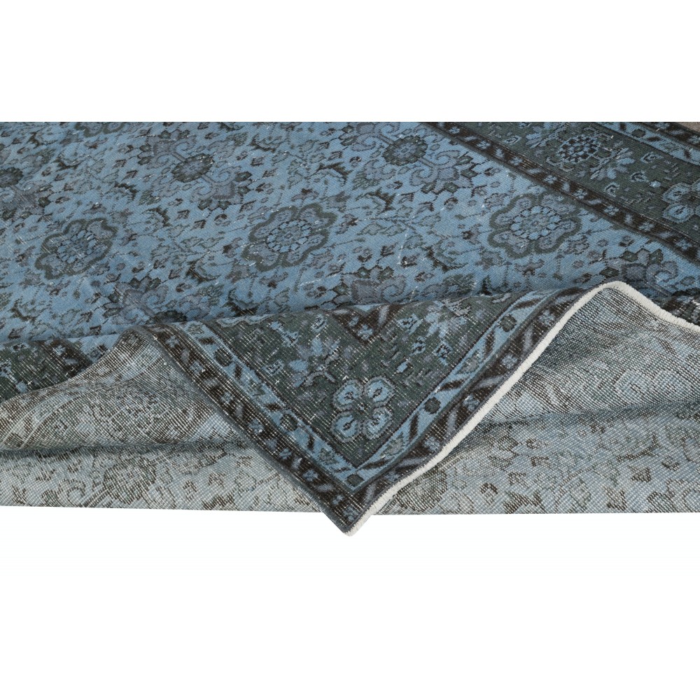 Contemporary Handmade Blue Color Turkish Wool Area Rug with Floral Design