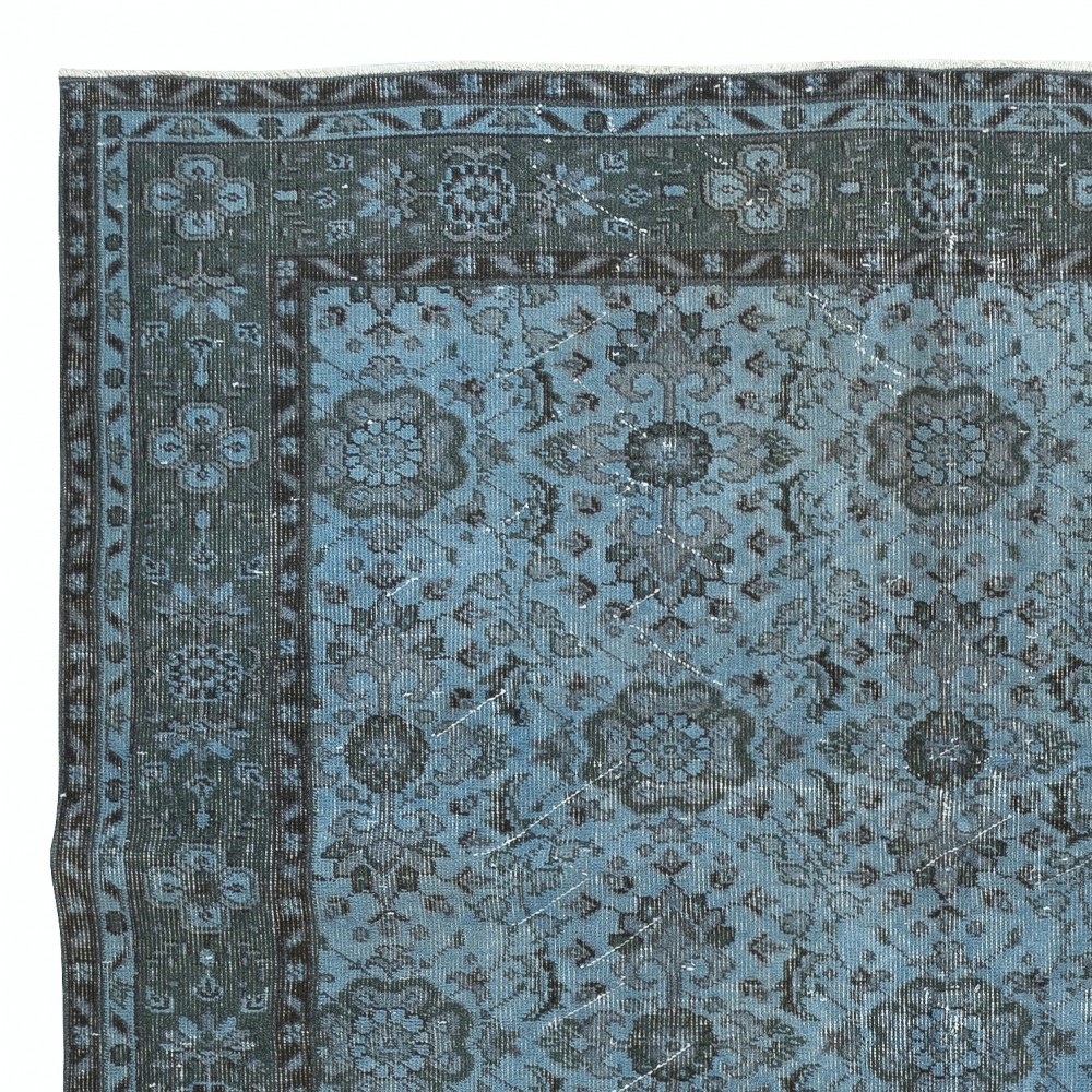 Contemporary Handmade Blue Color Turkish Wool Area Rug with Floral Design
