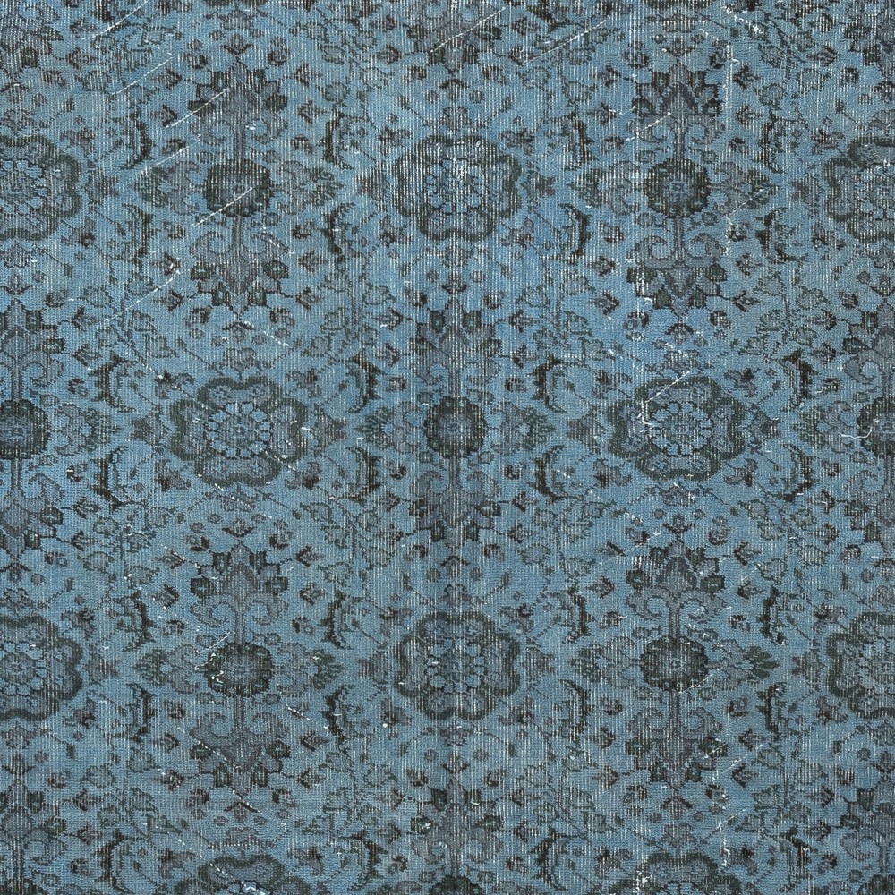 Contemporary Handmade Blue Color Turkish Wool Area Rug with Floral Design