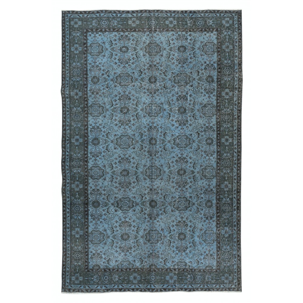 Contemporary Handmade Blue Color Turkish Wool Area Rug with Floral Design