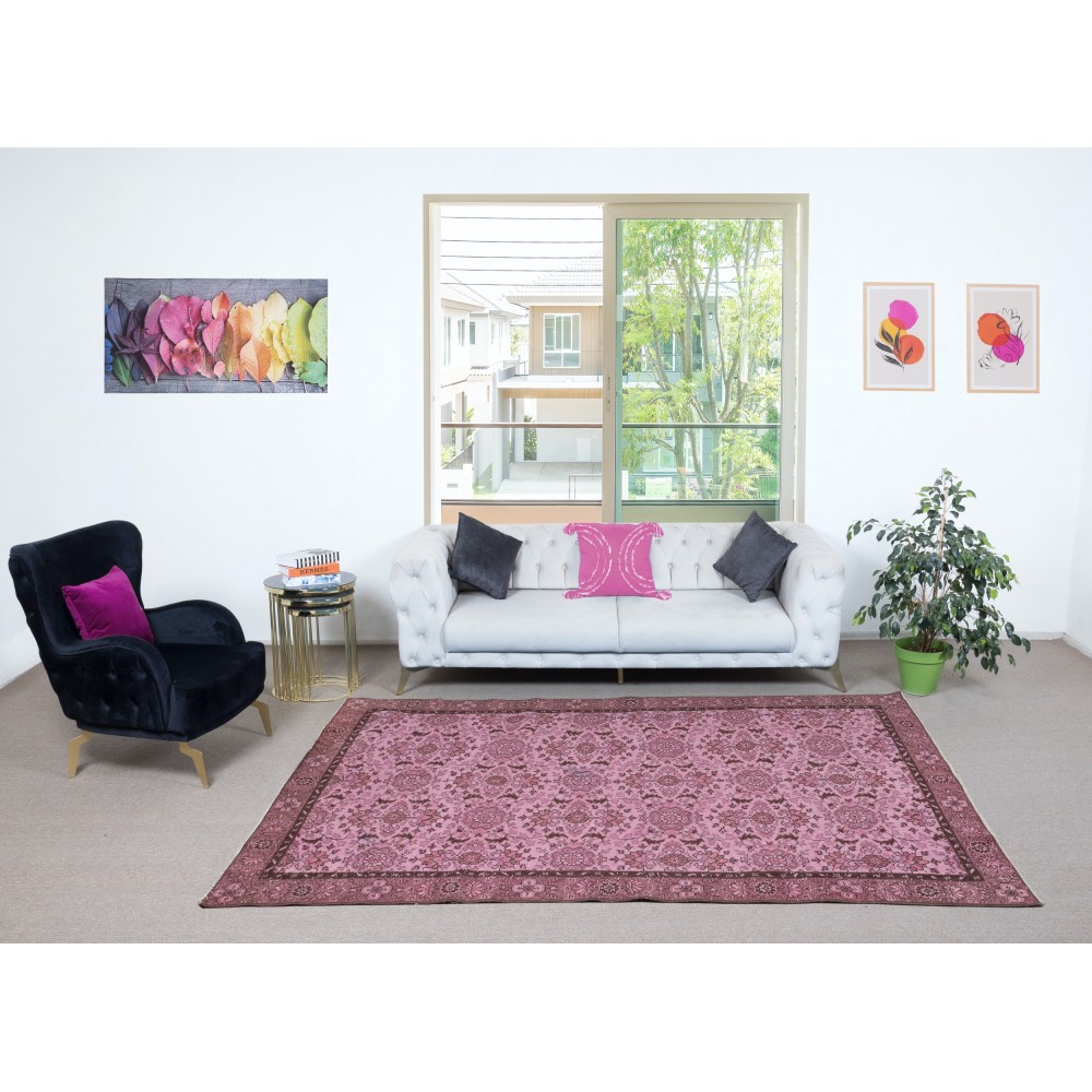 Contemporary Handmade Floral Patterned Turkish Wool Area Rug in Pink Color