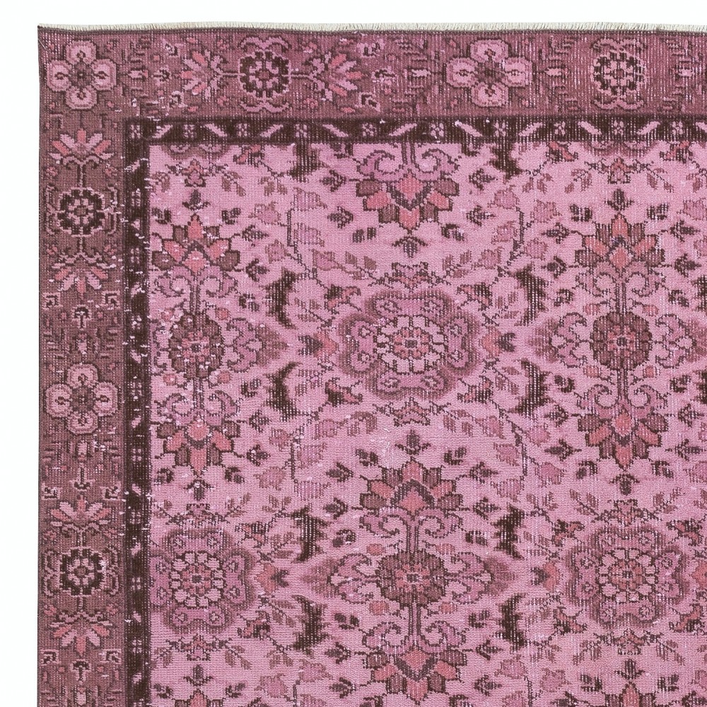 Contemporary Handmade Floral Patterned Turkish Wool Area Rug in Pink Color