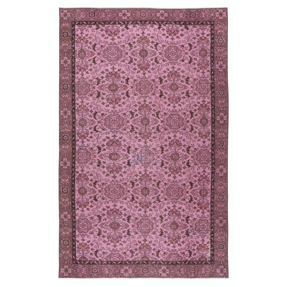 Contemporary Handmade Floral Patterned Turkish Wool Area Rug in Pink Color