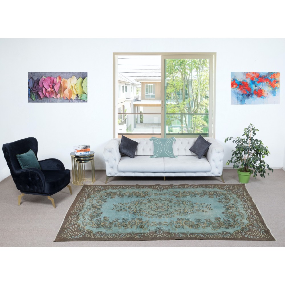Modern Handmade Blue Color Turkish Wool Area Rug with Medallion Design