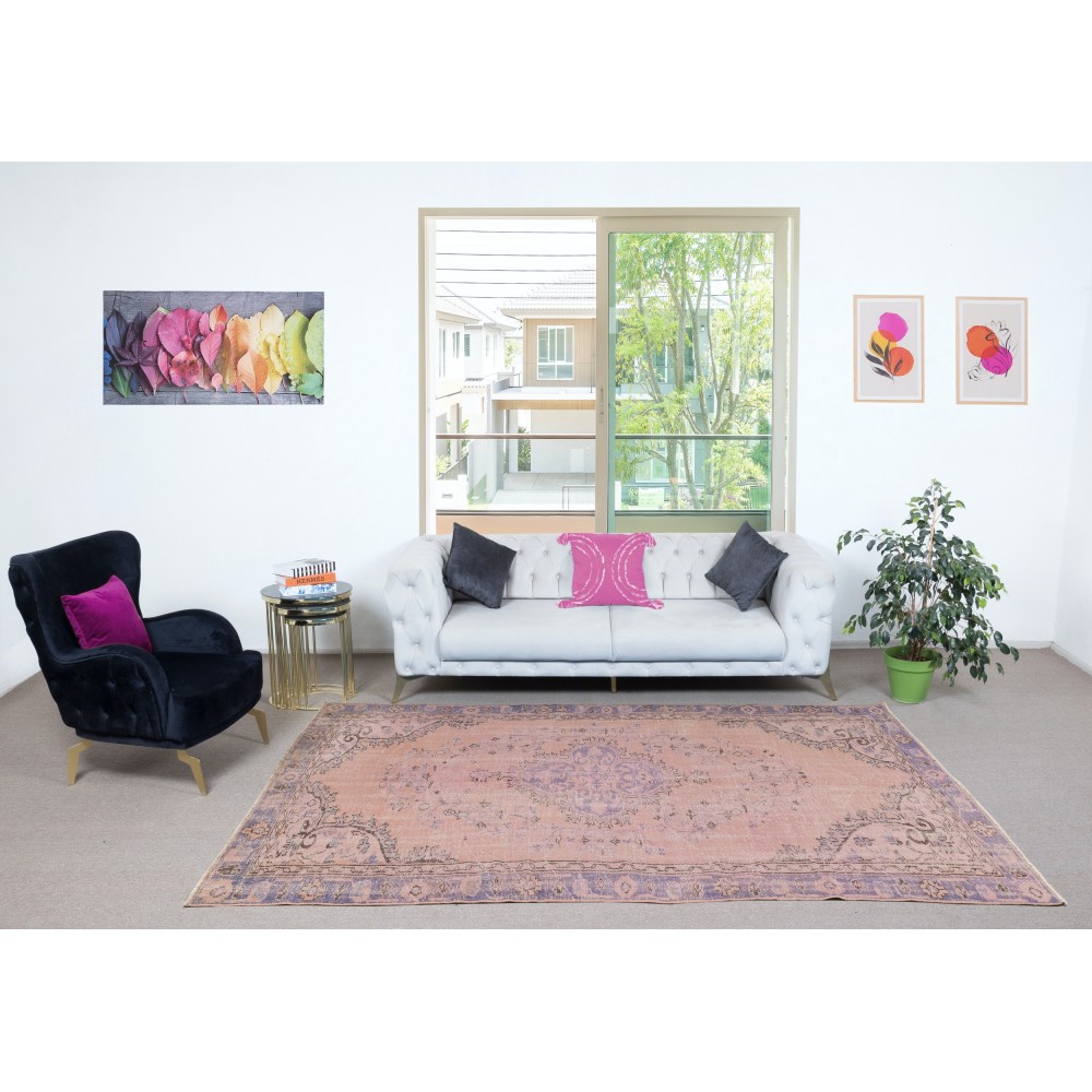 Modern Pink Color Over-Dyed Rug. Handmade Turkish Floor Rug. Bohemian Home Decor