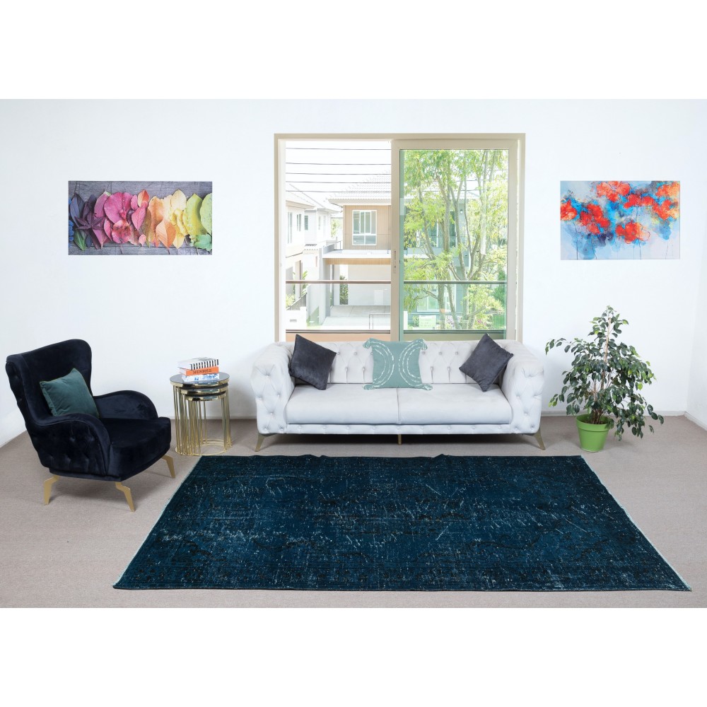 Contemporary Low Pile Area Rug in Nay Blue, Hand-woven and Hand-knotted in Turkey
