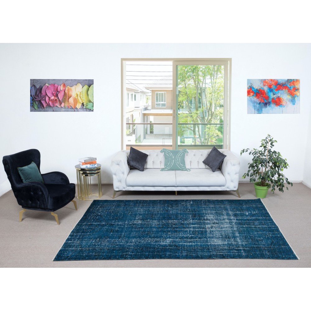 Distressed Modern Hand Knotted Turkish Wool Area Rug Re-Dyed in Navy Blue Color