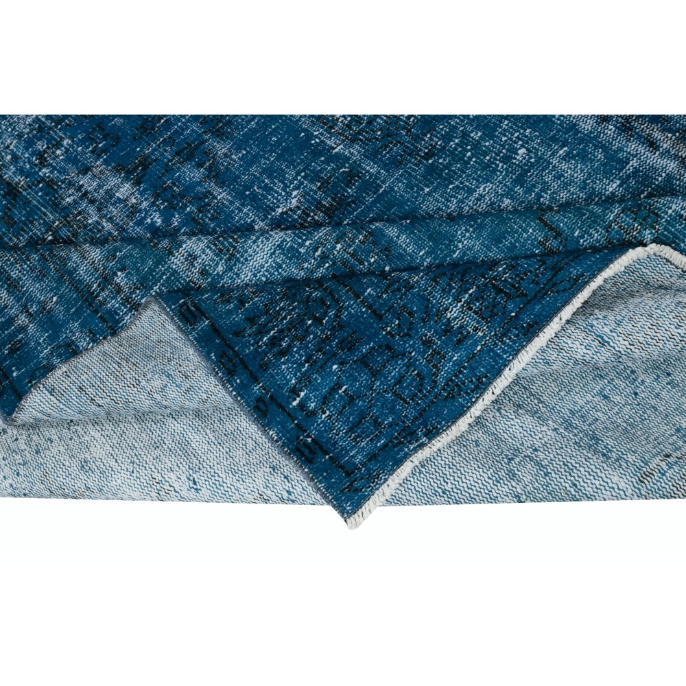Distressed Modern Hand Knotted Turkish Wool Area Rug Re-Dyed in Navy Blue Color