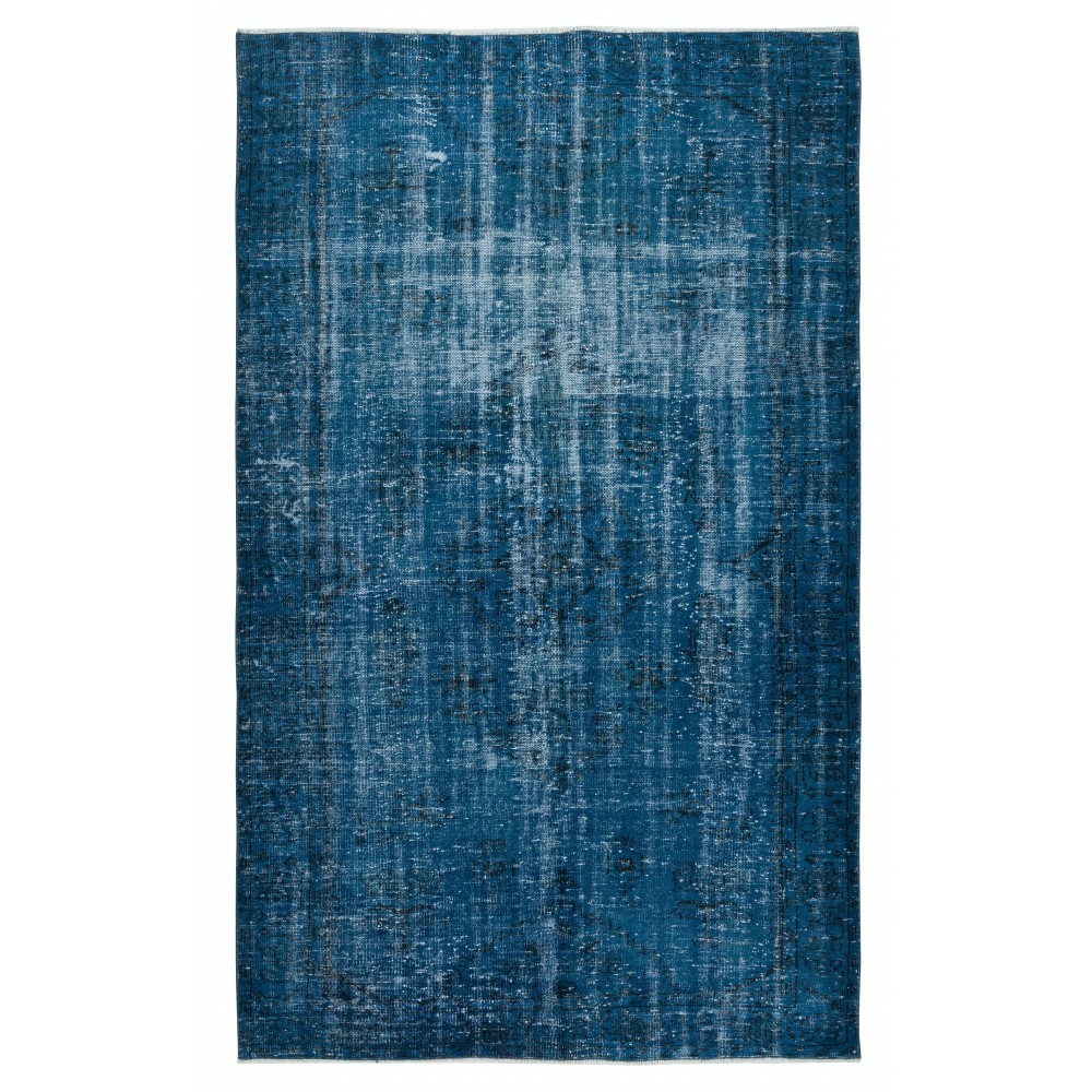 Distressed Modern Hand Knotted Turkish Wool Area Rug Re-Dyed in Navy Blue Color