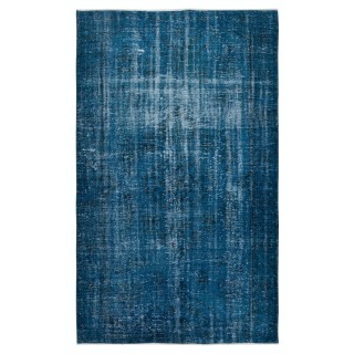 Distressed Modern Hand Knotted Turkish Wool Area Rug Re-Dyed in Navy Blue Color