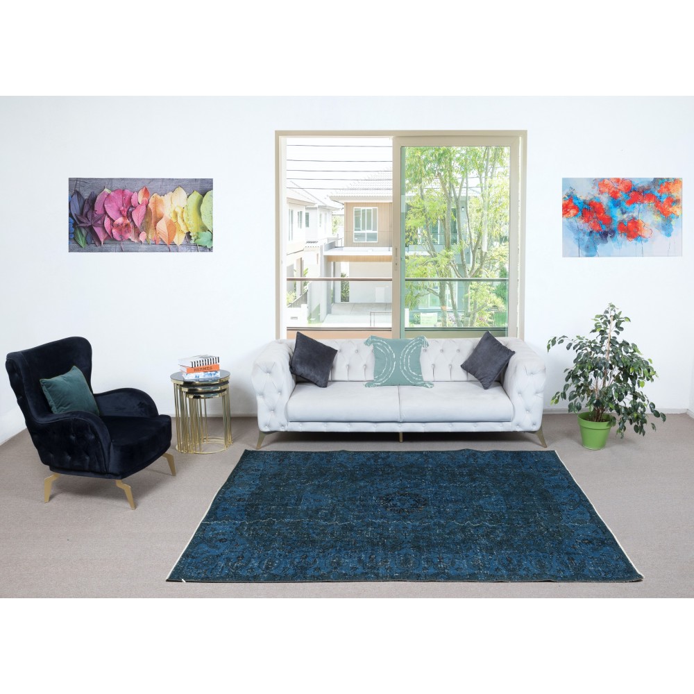 Vintage Handmade Turkish Area Rug Overdyed in Dark Blue 4 Modern Interiors