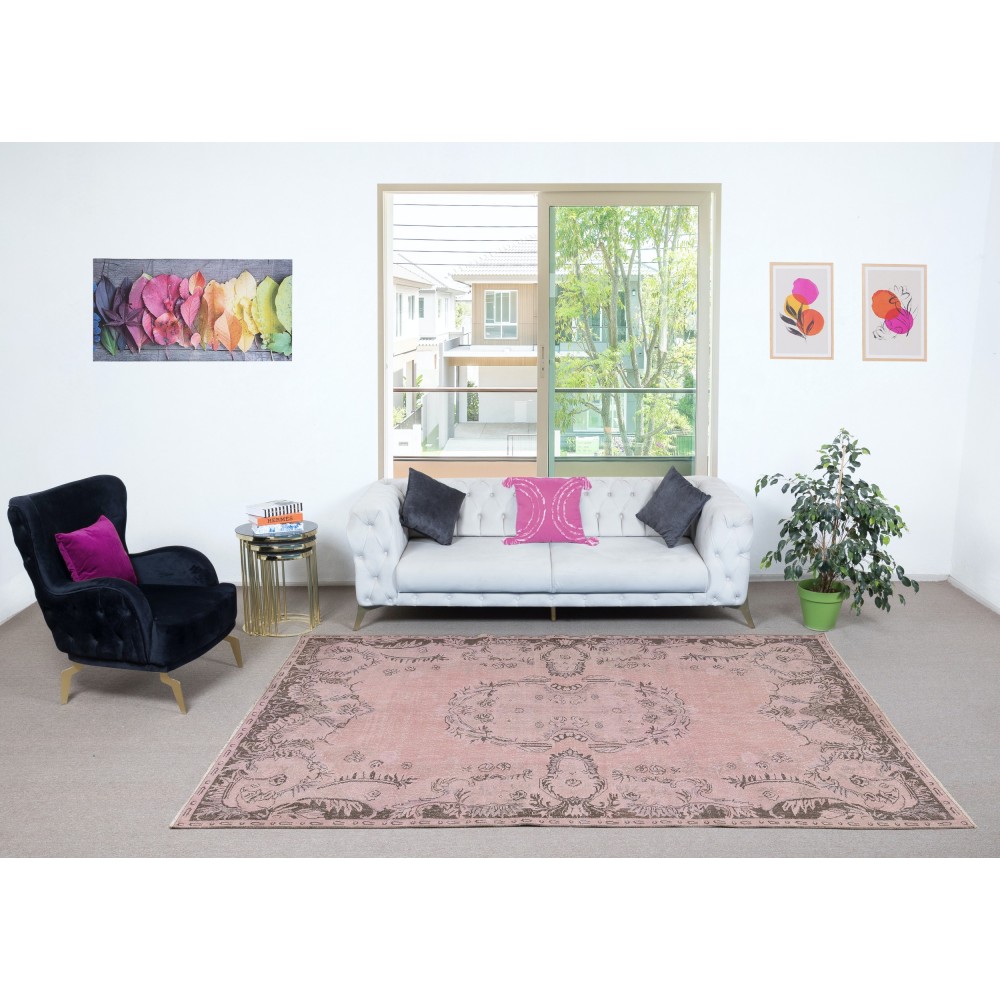 Vintage Handmade Turkish Wool Area Rug redyed in Pink Color for modern interiors