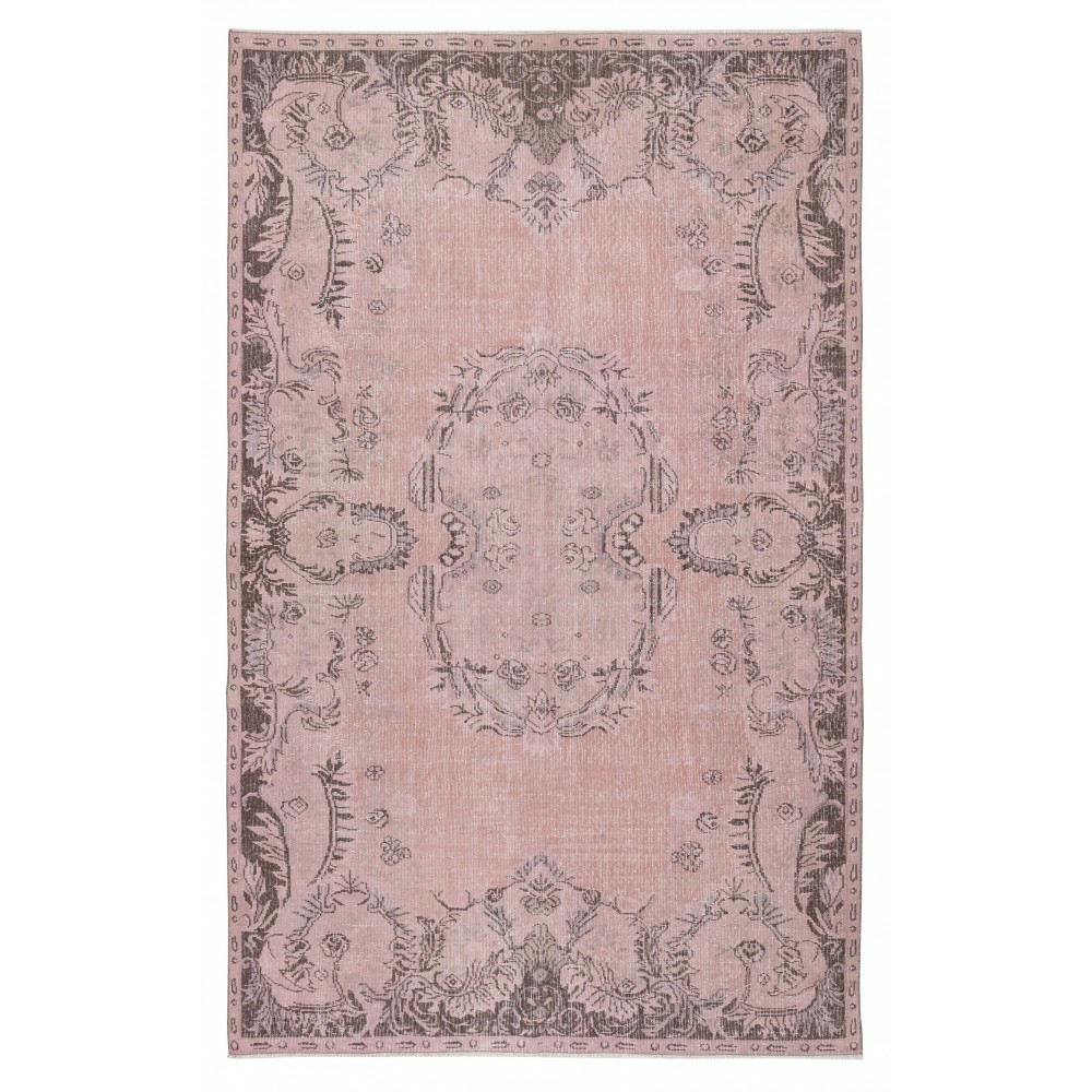 Vintage Handmade Turkish Wool Area Rug redyed in Pink Color for modern interiors