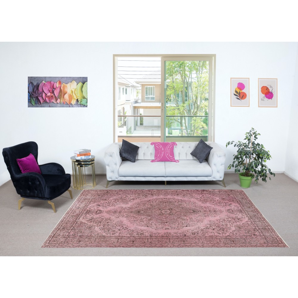 Vintage Handmade Turkish Wool Area Rug redyed in Pink Color for contemporary interiors