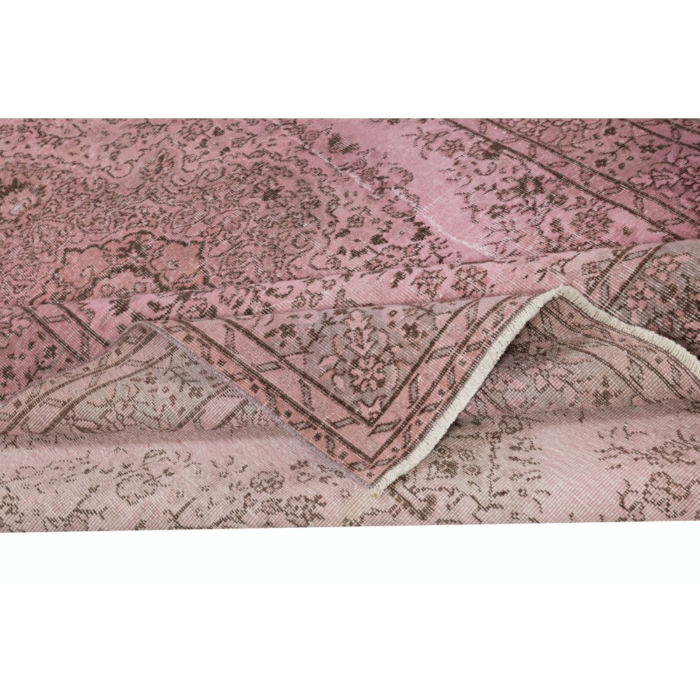 Vintage Handmade Turkish Wool Area Rug redyed in Pink Color for contemporary interiors