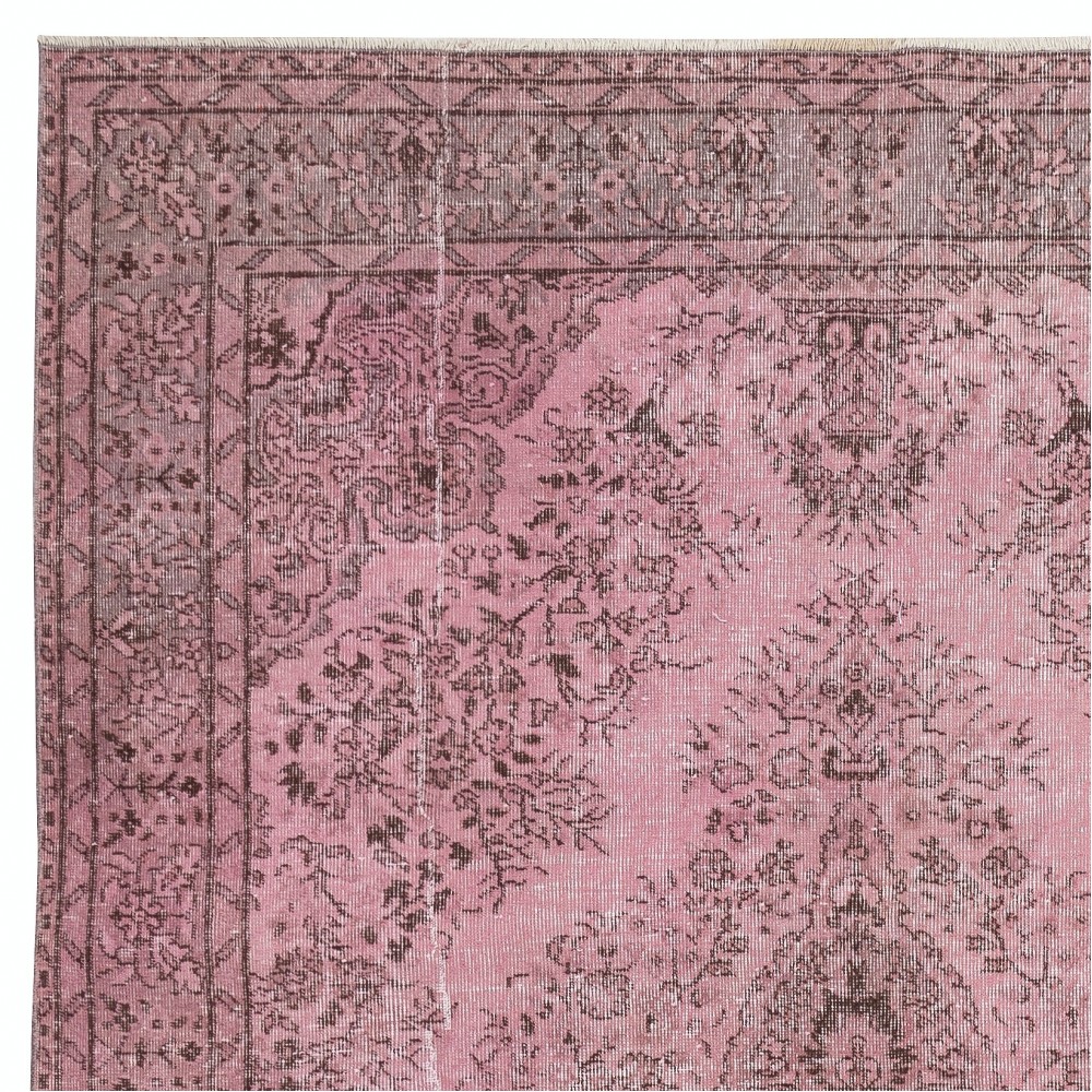 Vintage Handmade Turkish Wool Area Rug redyed in Pink Color for contemporary interiors