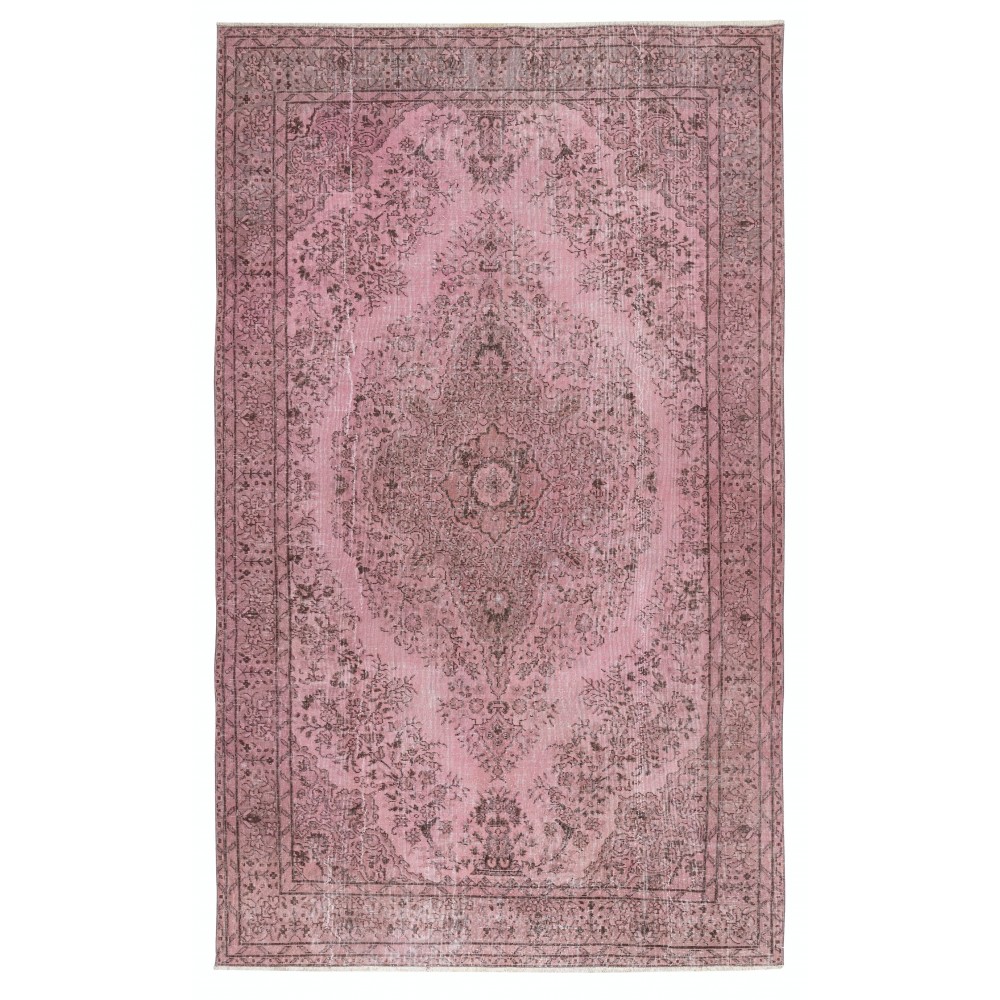 Vintage Handmade Turkish Wool Area Rug redyed in Pink Color for contemporary interiors