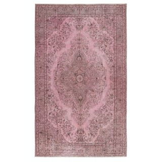 Vintage Handmade Turkish Wool Area Rug redyed in Pink Color for contemporary interiors