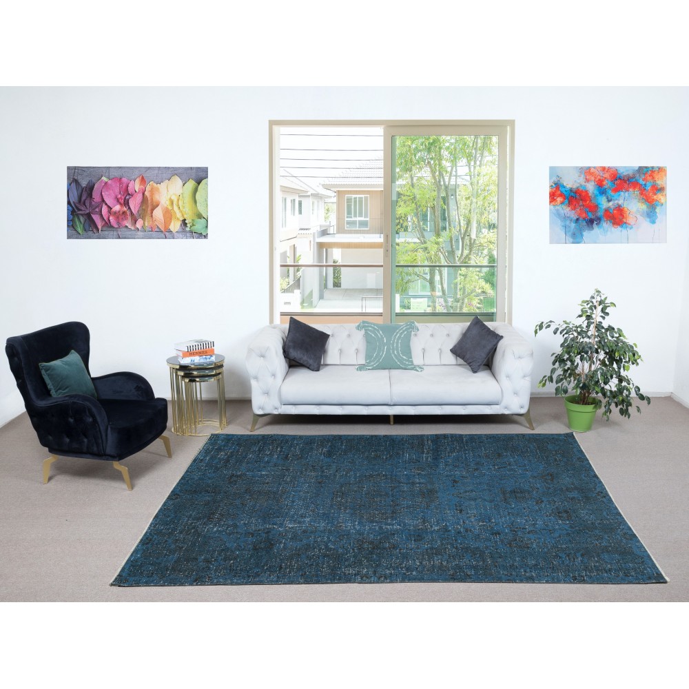 Contemporary Handmade Turkish Area Rug in Dark Blue Color