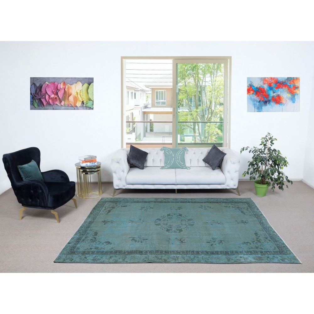 Chinese Art Deco Design Area Rug in Teal Blue, Hand-woven and Hand-knotted in Turkey