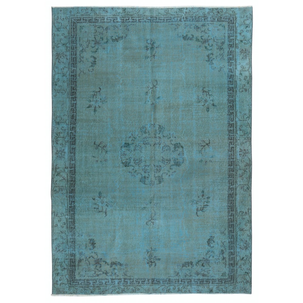 Chinese Art Deco Design Area Rug in Teal Blue, Hand-woven and Hand-knotted in Turkey