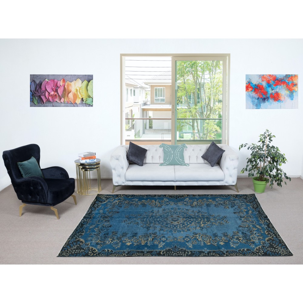 Contemporary Medallion Design Area Rug in Blue, Hand-woven and Hand-knotted in Turkey