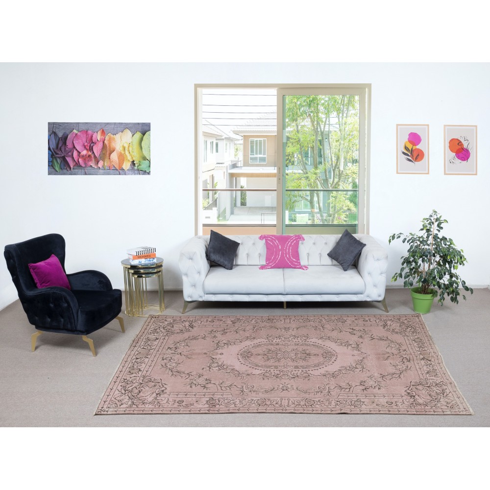 Soft Pink Color Anti-bacterial Wool Area Rug. Hand Knotted Turkish Rug