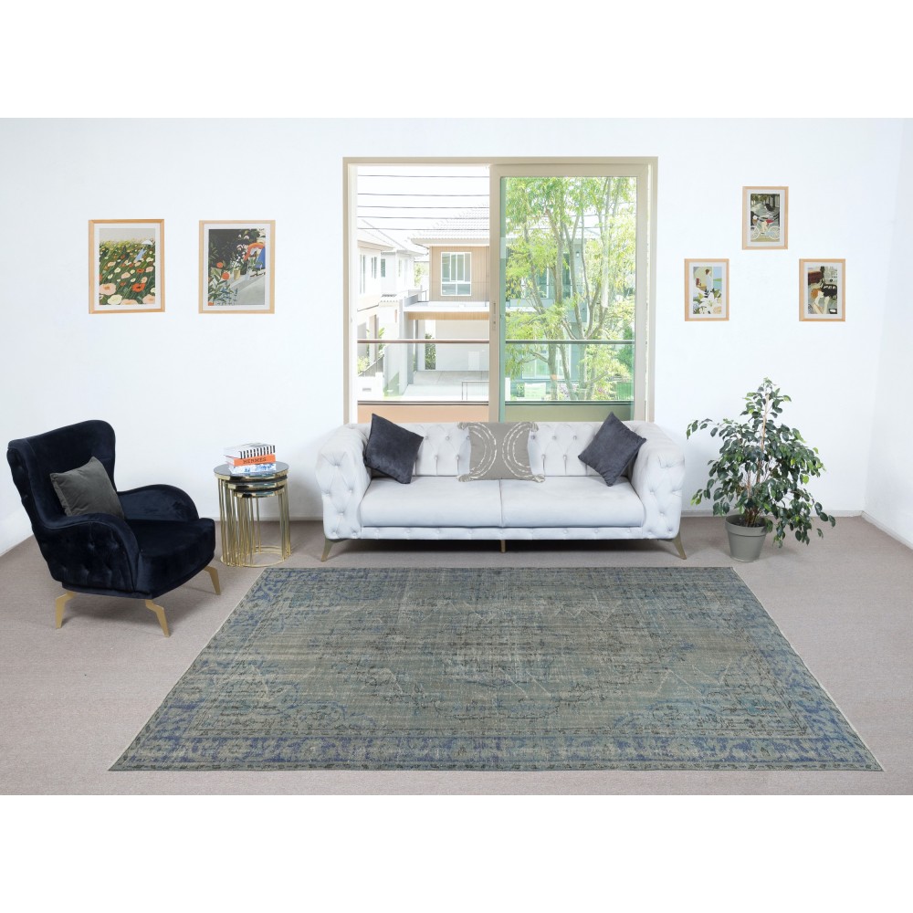Vintage Handmade Turkish Area Rug redyed in Blue Color for modern interiors