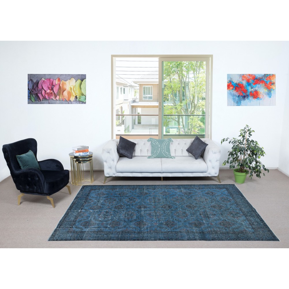 Modern Handmade Floral Patterned Turkish Area Rug Over-Dyed in Blue. Woolen Floor Covering