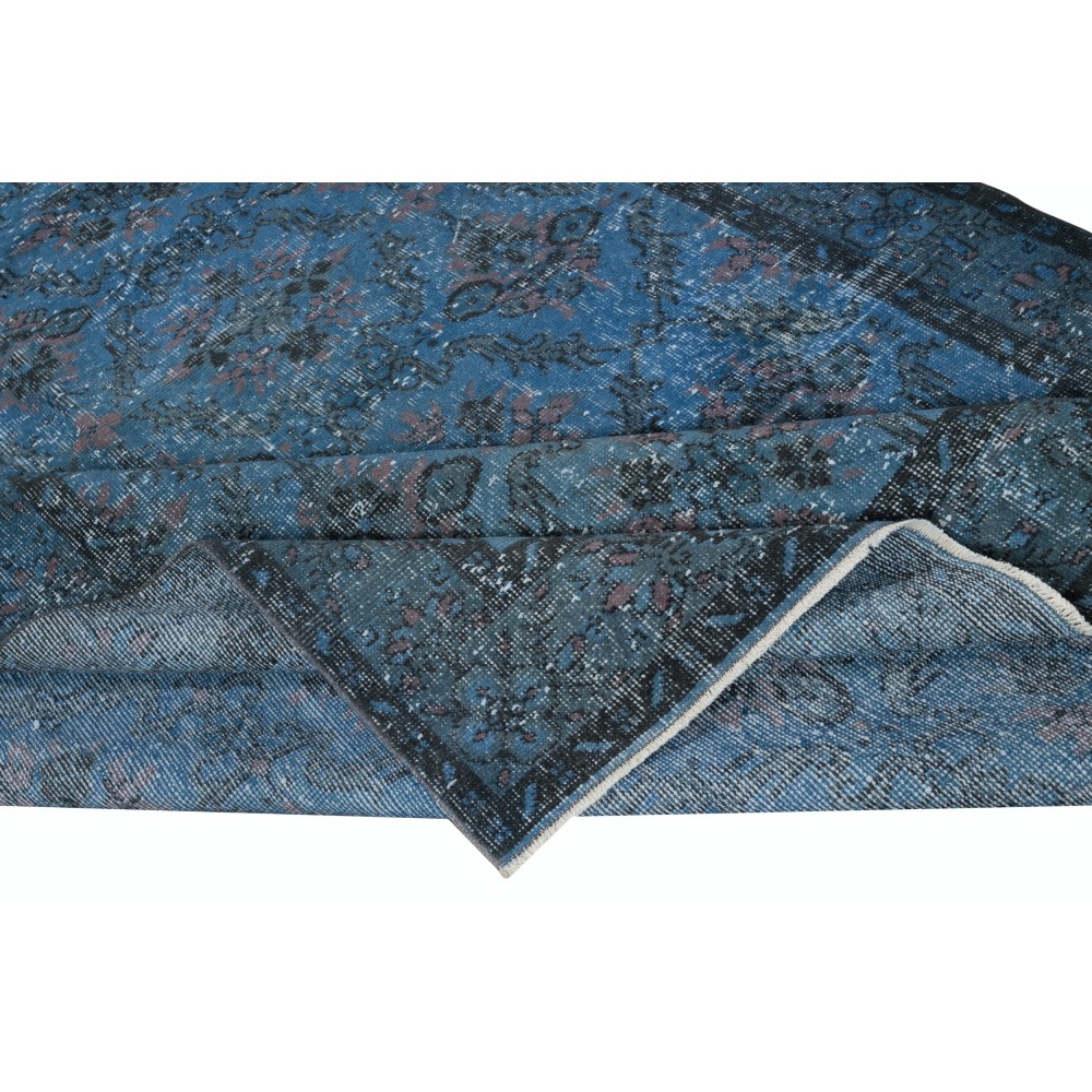 Modern Handmade Floral Patterned Turkish Area Rug Over-Dyed in Blue. Woolen Floor Covering