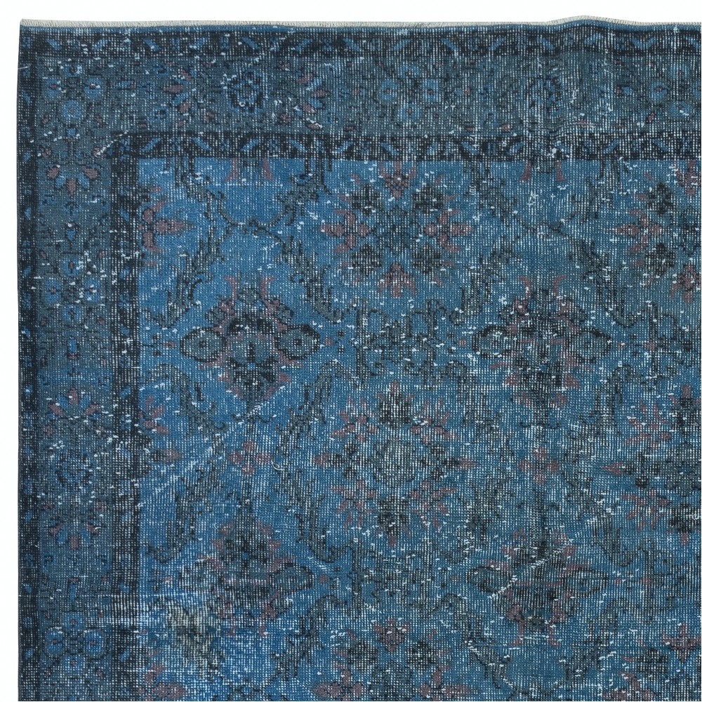 Modern Handmade Floral Patterned Turkish Area Rug Over-Dyed in Blue. Woolen Floor Covering