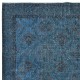 Modern Handmade Floral Patterned Turkish Area Rug Over-Dyed in Blue. Woolen Floor Covering