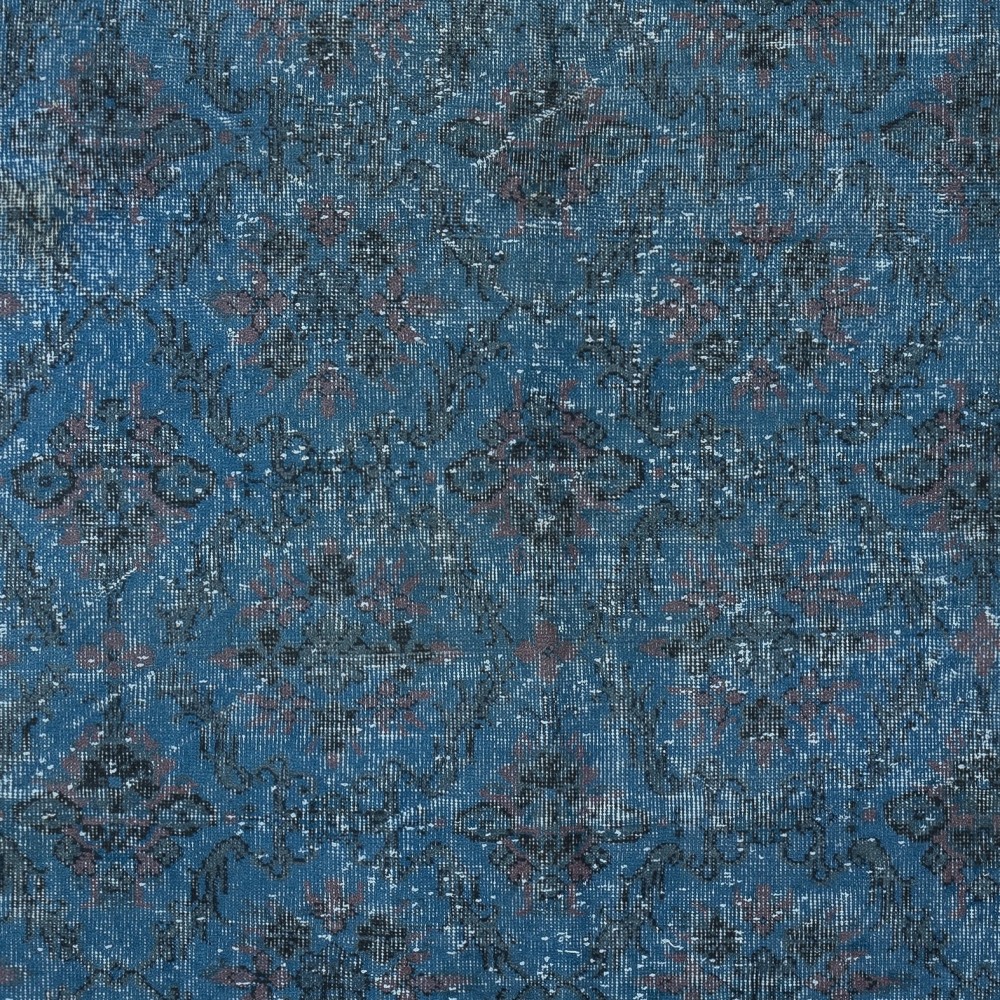Modern Handmade Floral Patterned Turkish Area Rug Over-Dyed in Blue. Woolen Floor Covering