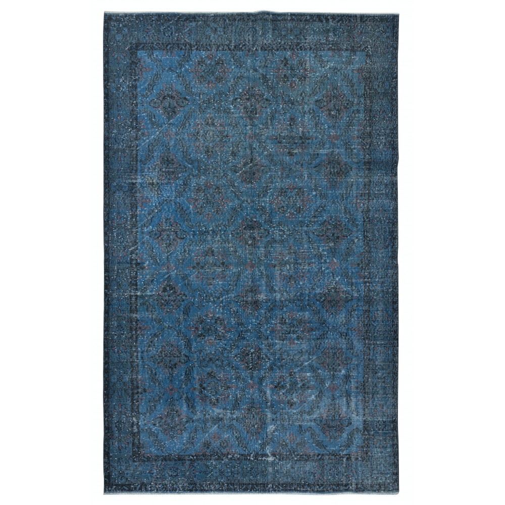 Modern Handmade Floral Patterned Turkish Area Rug Over-Dyed in Blue. Woolen Floor Covering