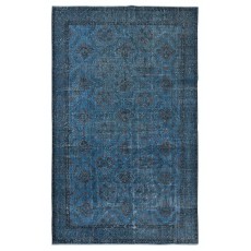 Modern Handmade Floral Patterned Turkish Area Rug Over-Dyed in Blue. Woolen Floor Covering