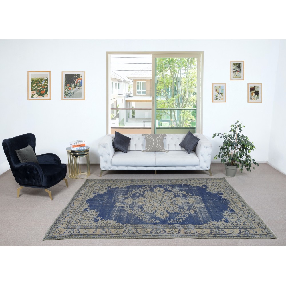 Vintage Handmade Dark Blue Area Rug. Unique Turkish Carpet with Medallion Design