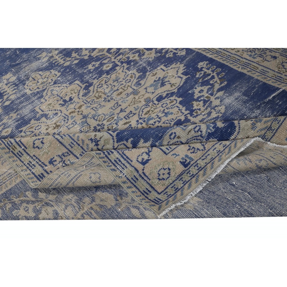 Vintage Handmade Dark Blue Area Rug. Unique Turkish Carpet with Medallion Design