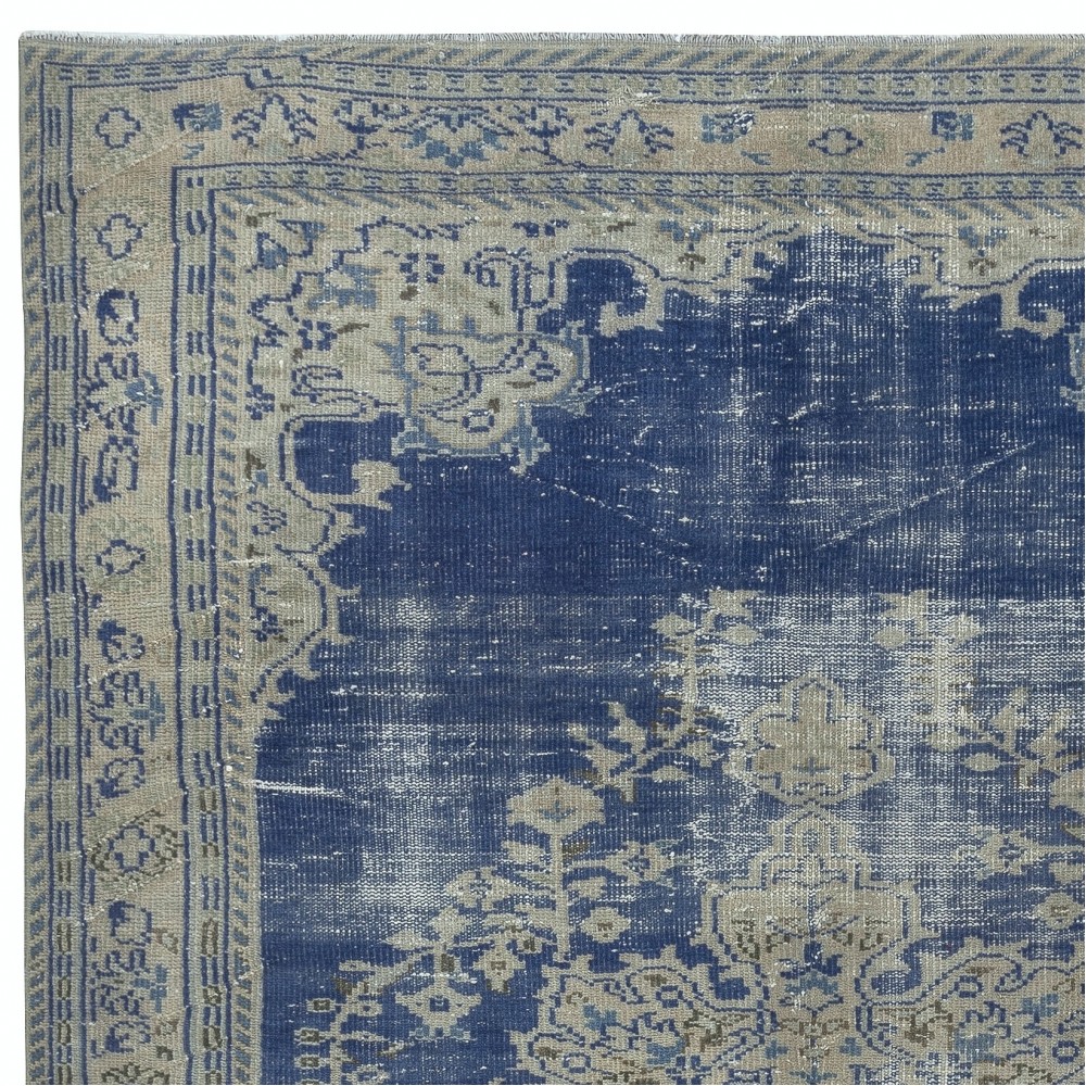 Vintage Handmade Dark Blue Area Rug. Unique Turkish Carpet with Medallion Design