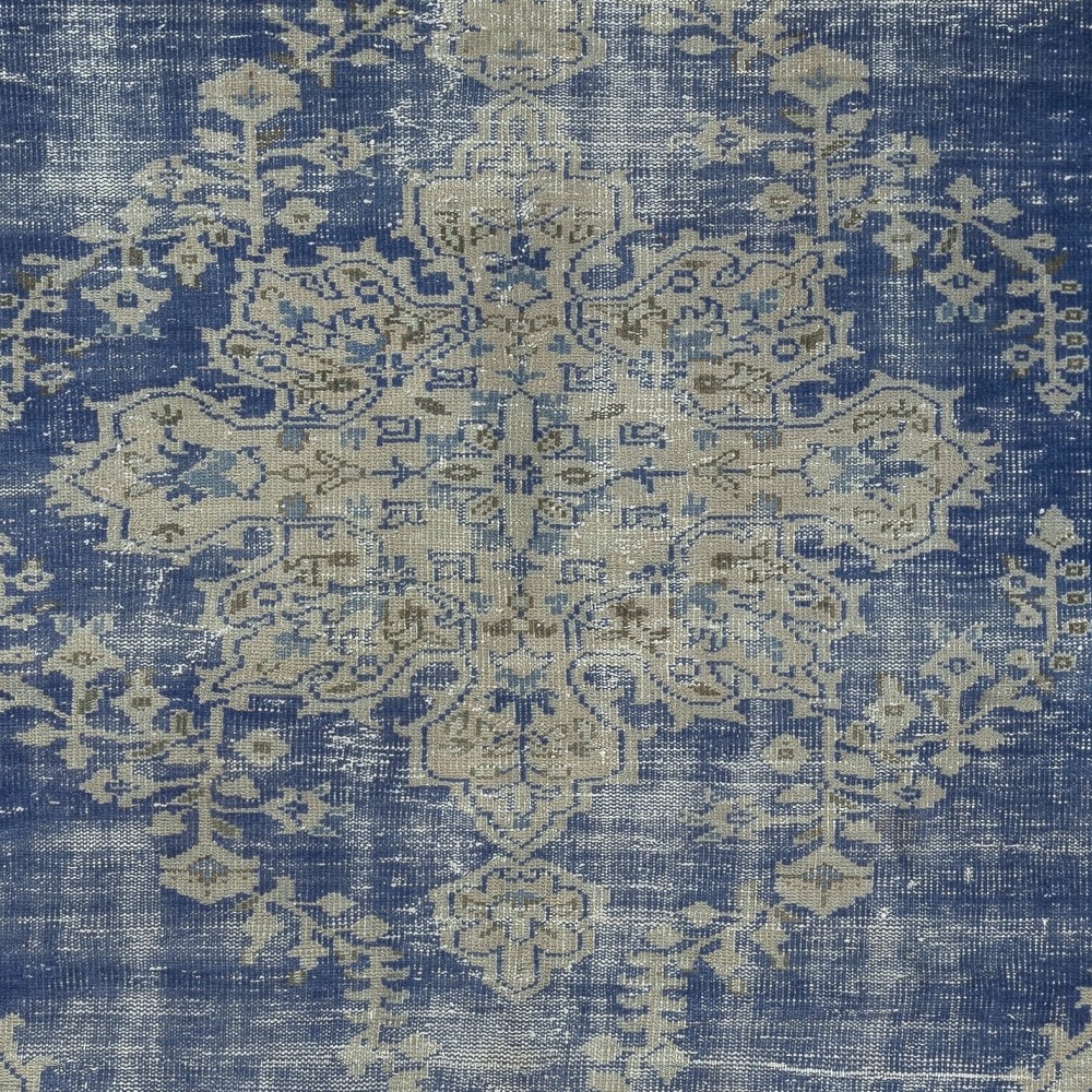 Vintage Handmade Dark Blue Area Rug. Unique Turkish Carpet with Medallion Design