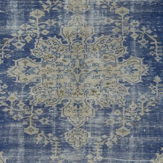 Vintage Handmade Dark Blue Area Rug. Unique Turkish Carpet with Medallion Design