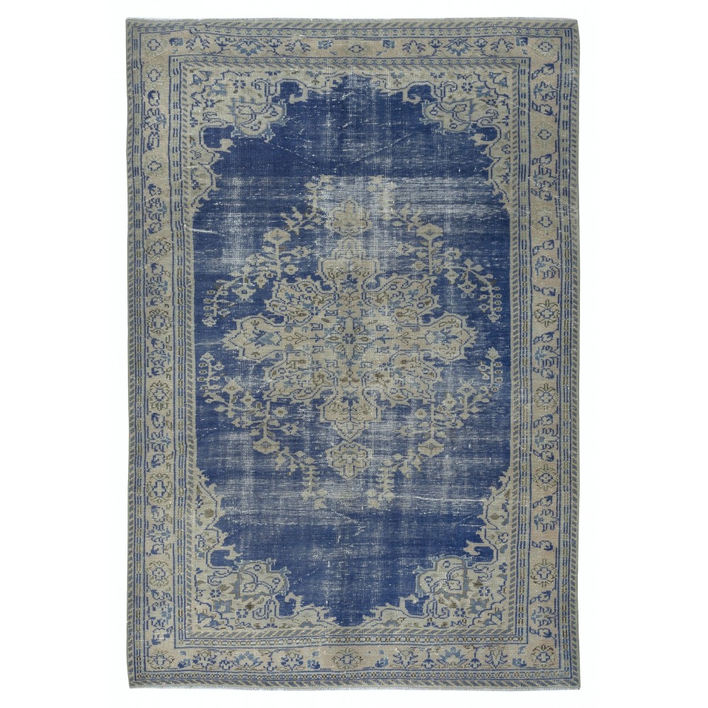 Vintage Handmade Dark Blue Area Rug. Unique Turkish Carpet with Medallion Design